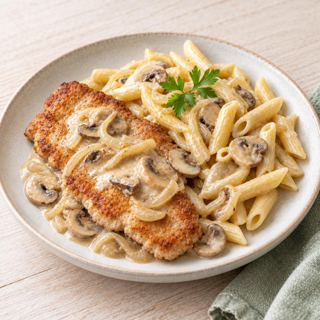 Pilz-Schnitzelpfanne mit Penne