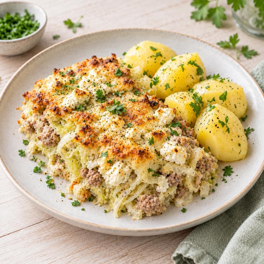 Weißkohlauflauf mit Salzkartoffeln
