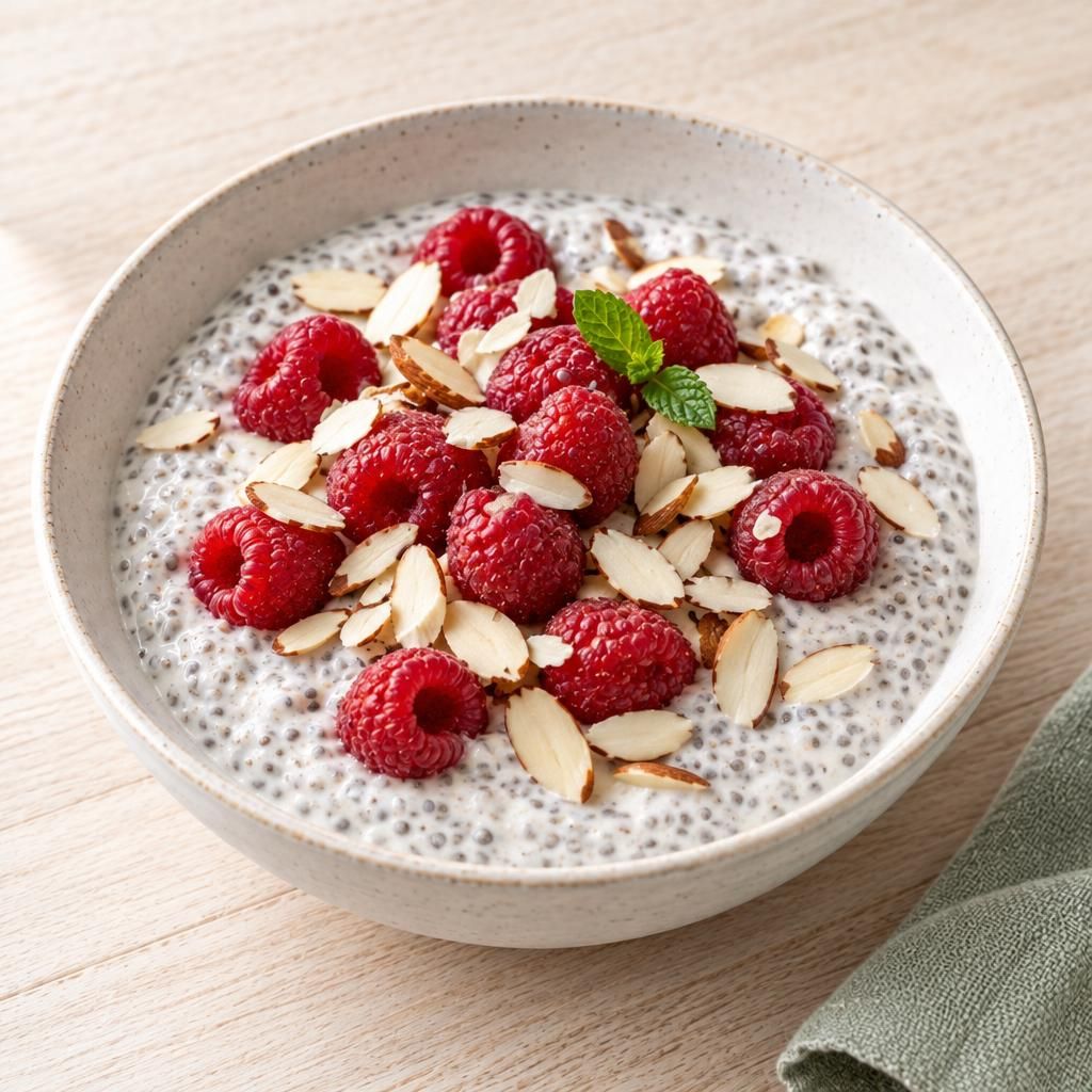 Chiapudding mit Mandeln und Himbeeren