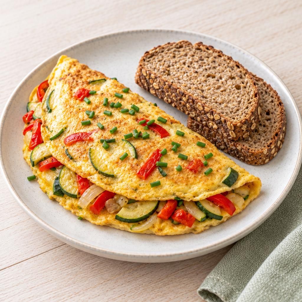 Omelett mit Zucchini und Paprika, dazu Vollkornbrot