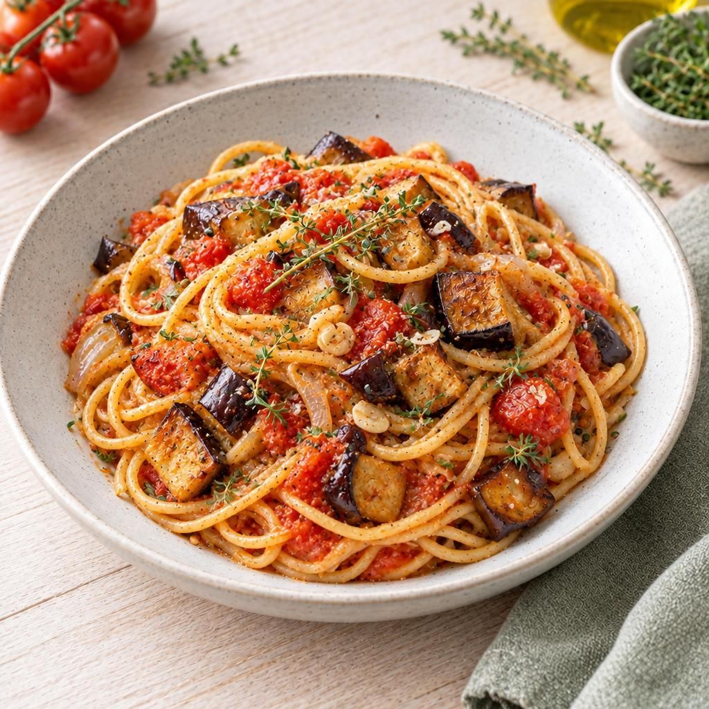 Spaghetti mit Auberginen und Tomaten