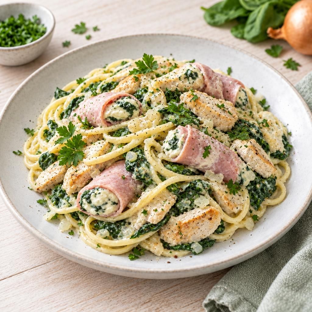 Spaghetti mit Schinken-Röllchen auf Spinat