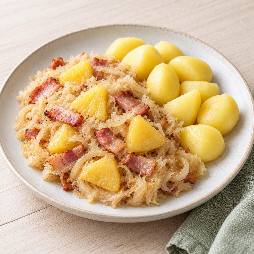Sauerkraut mit Ananas und Speck, dazu Salzkartoffeln
