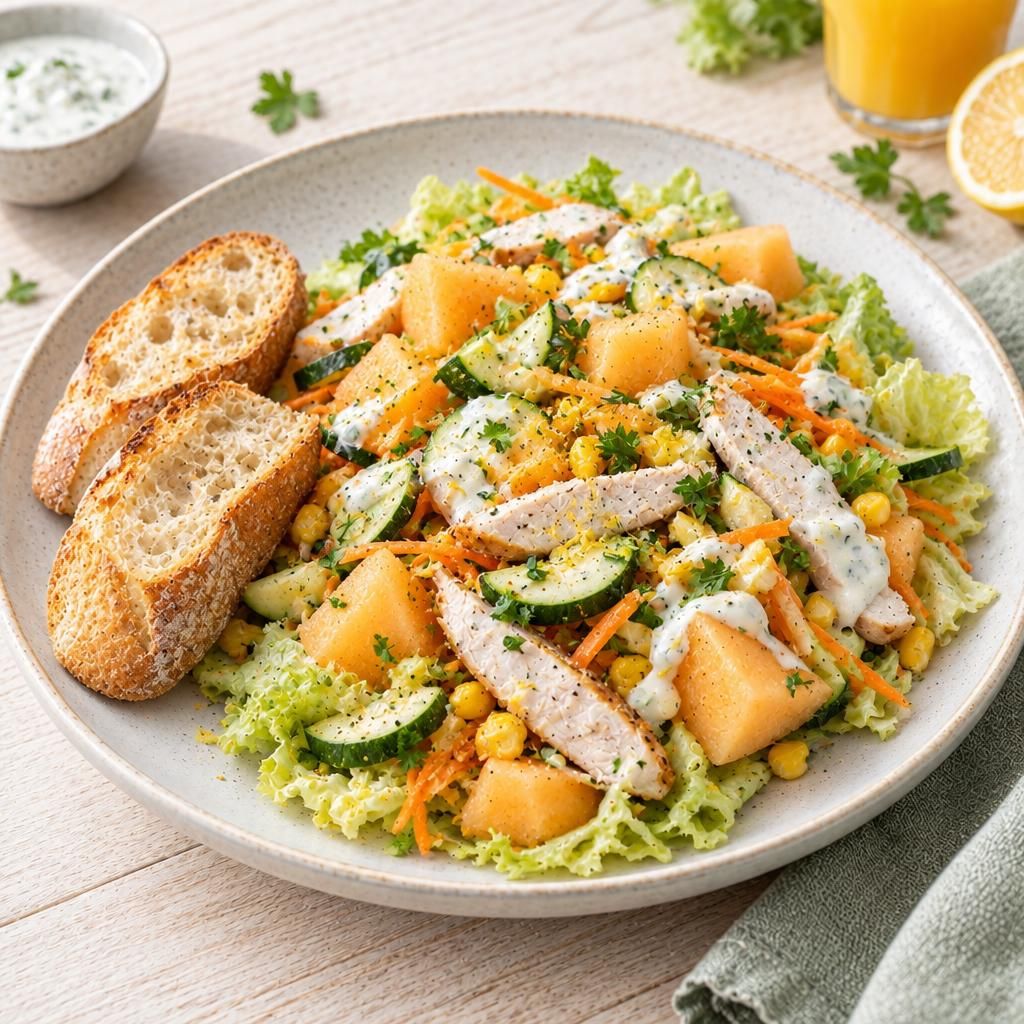 Zucchini-Melonen-Salat mit Baguette
