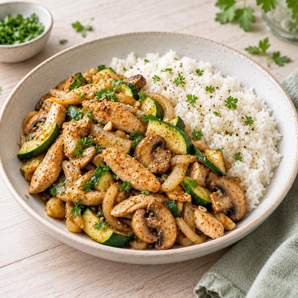 Wok-Gemüse mit Pute und Reis