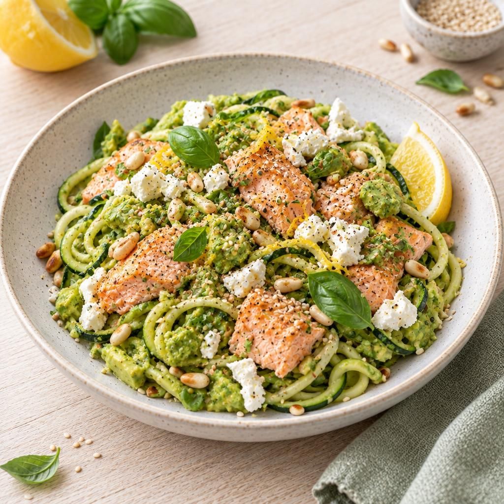 Zucchini-Nudeln mit Lachs und Avocado-Pesto