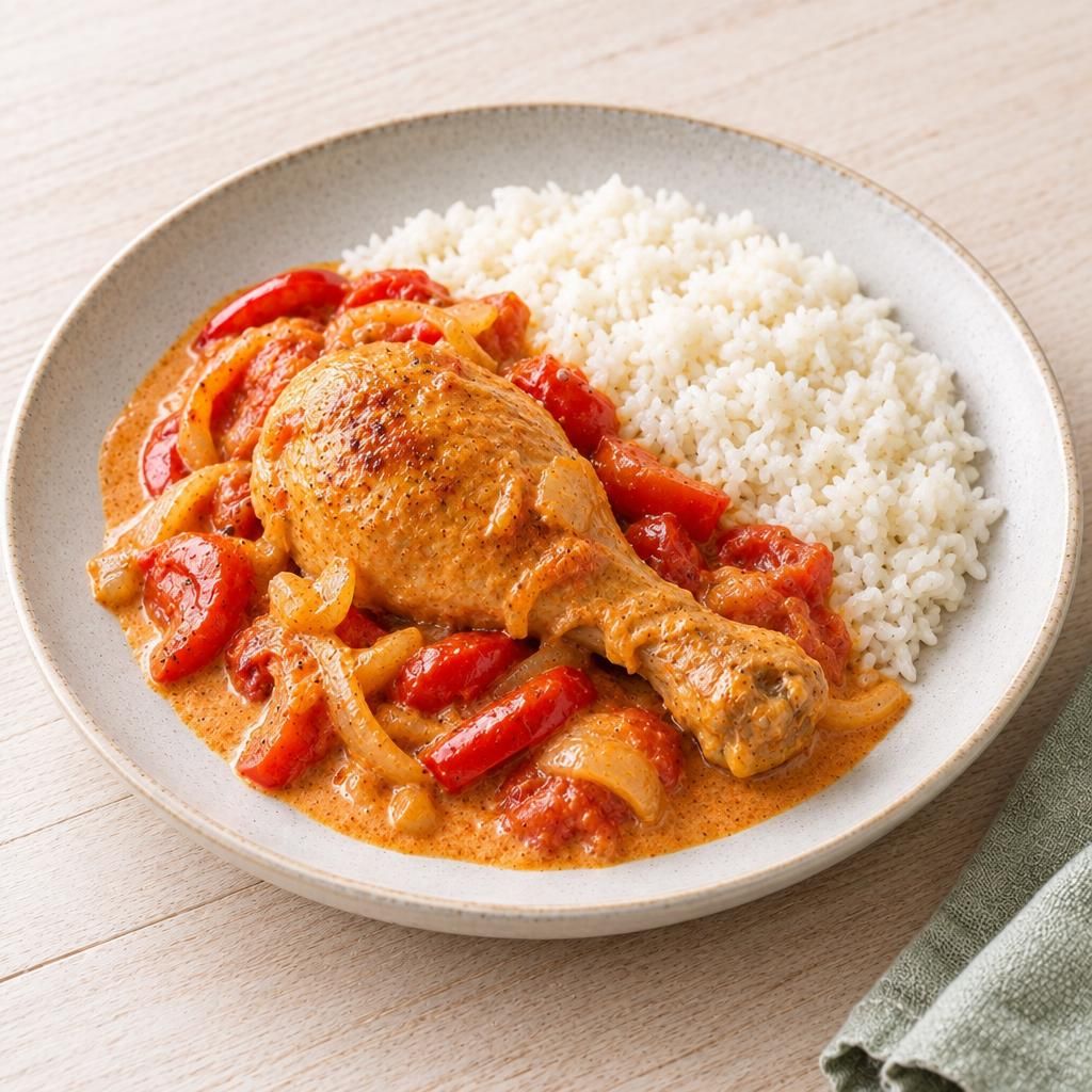 Hähnchenschenkel in Paprika-Sahne mit Reis