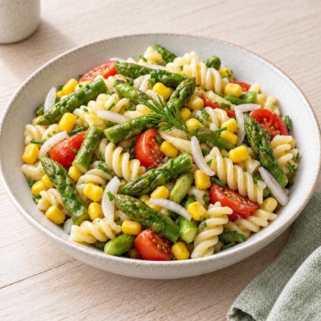 Frischer Nudelsalat mit grünem Spargel