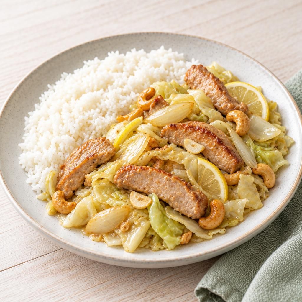 Schwein mit Weißkohl und Reis