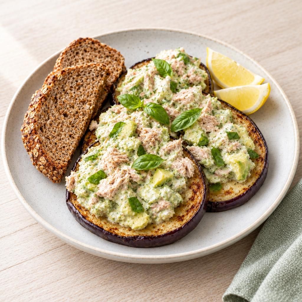 Auberginen mit Thunfisch-Avocado-Creme und Vollkornbrot