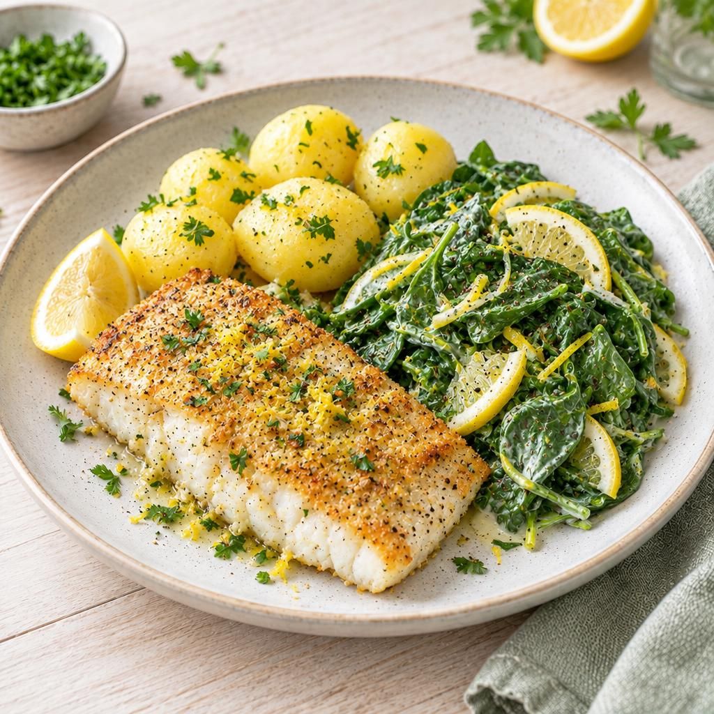 Seelachsfilet mit Spinat-Zitronen-Salat und Salzkartoffeln