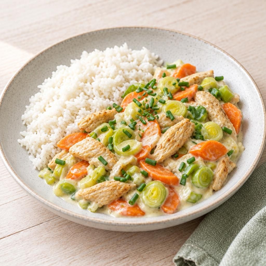 Veggie-Lauch-Pfanne in Frischkäsesoße mit Reis