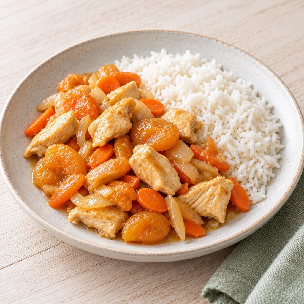 Hähnchen-Aprikosen-Pfanne mit Reis