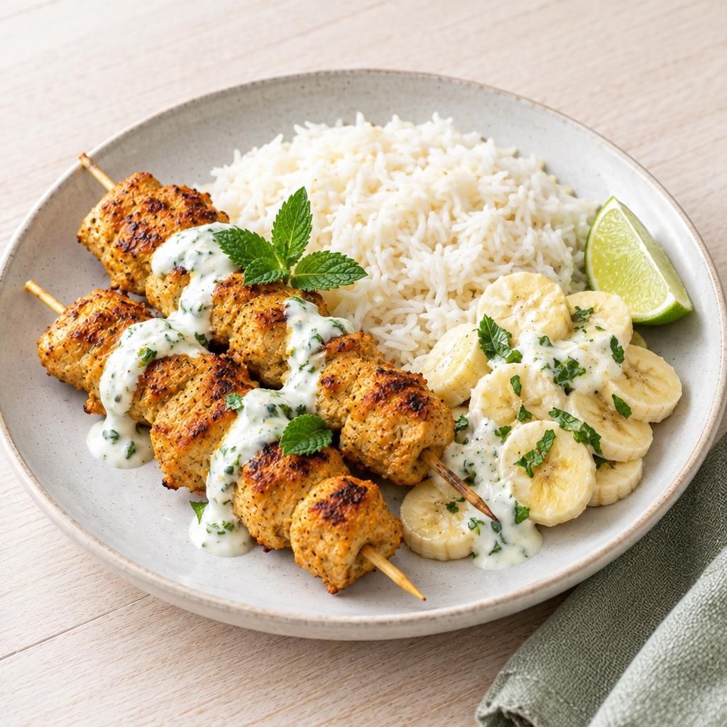 Indische Putenspieße mit Reis