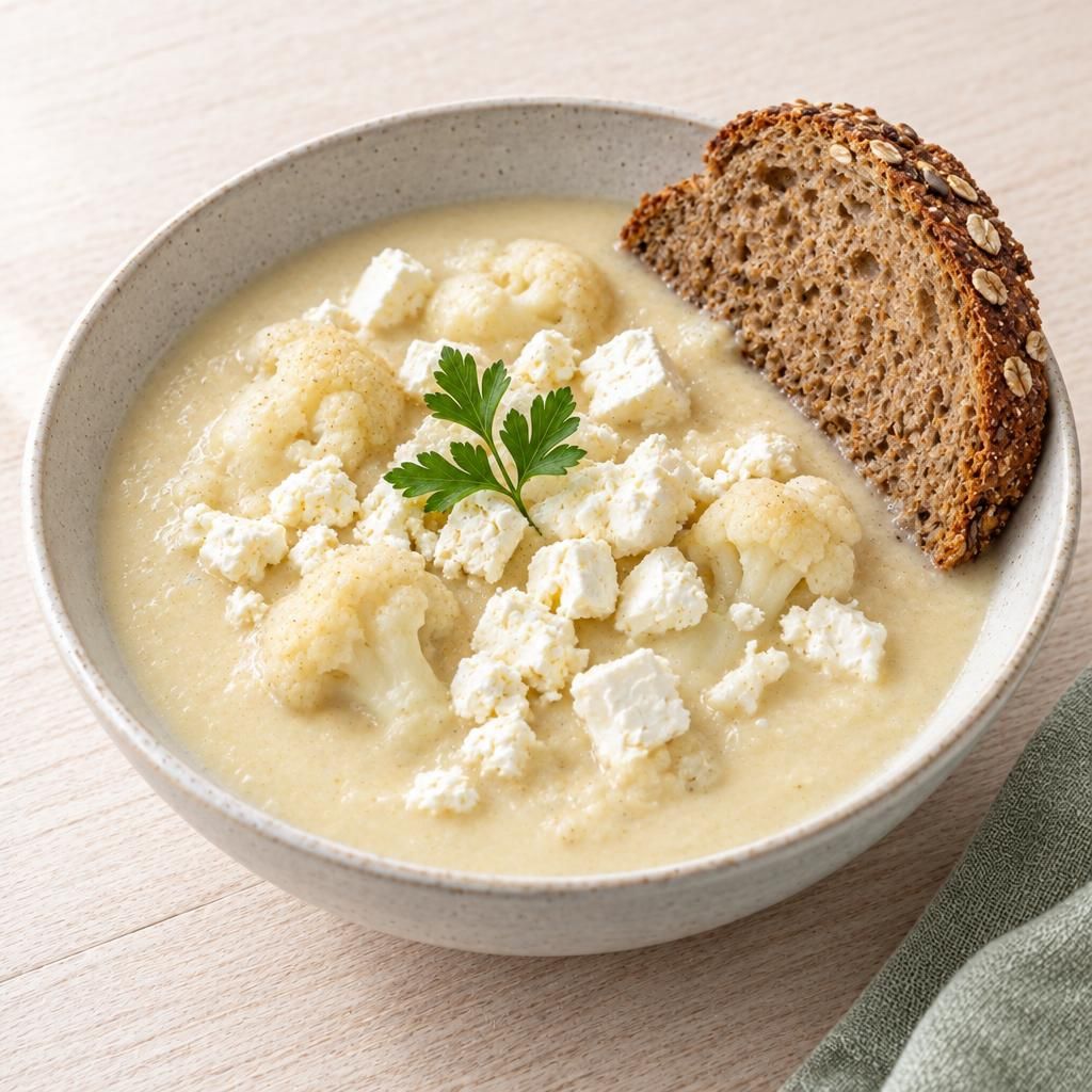Blumenkohlsuppe mit Feta und Vollkornbrot