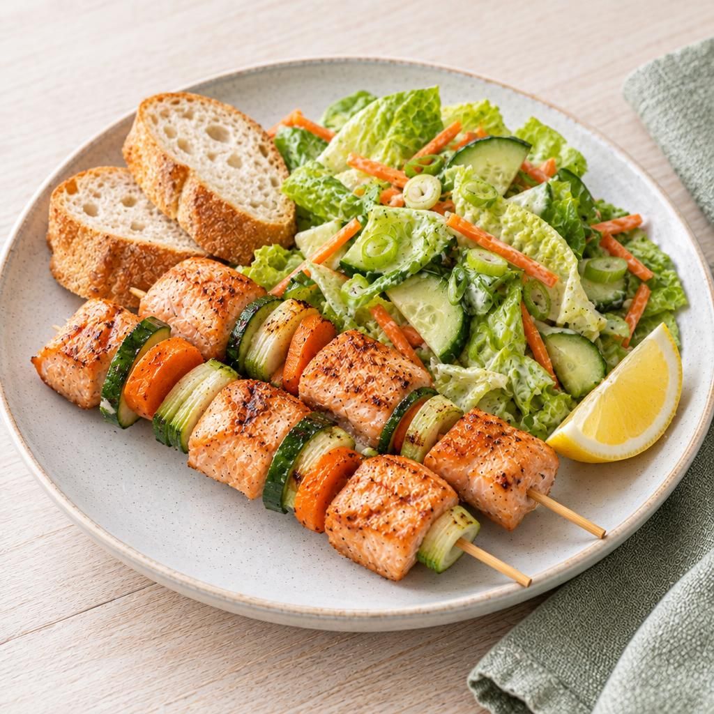 Lachsspieße auf Salat