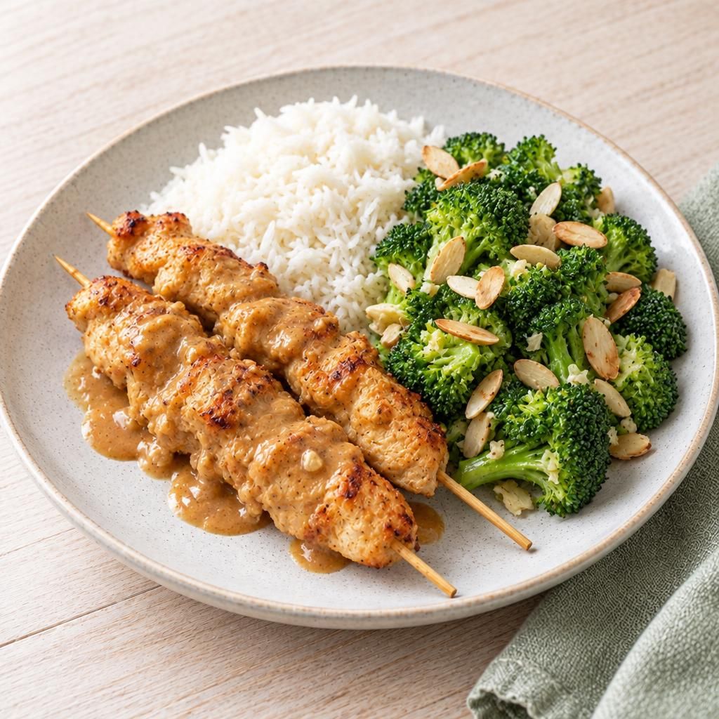 Saté-Spieße mit Mandel-Brokkoli und Reis