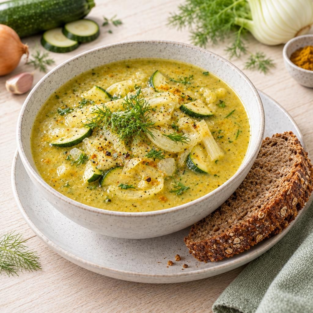 Zucchini-Fenchel-Suppe mit Vollkornbrot