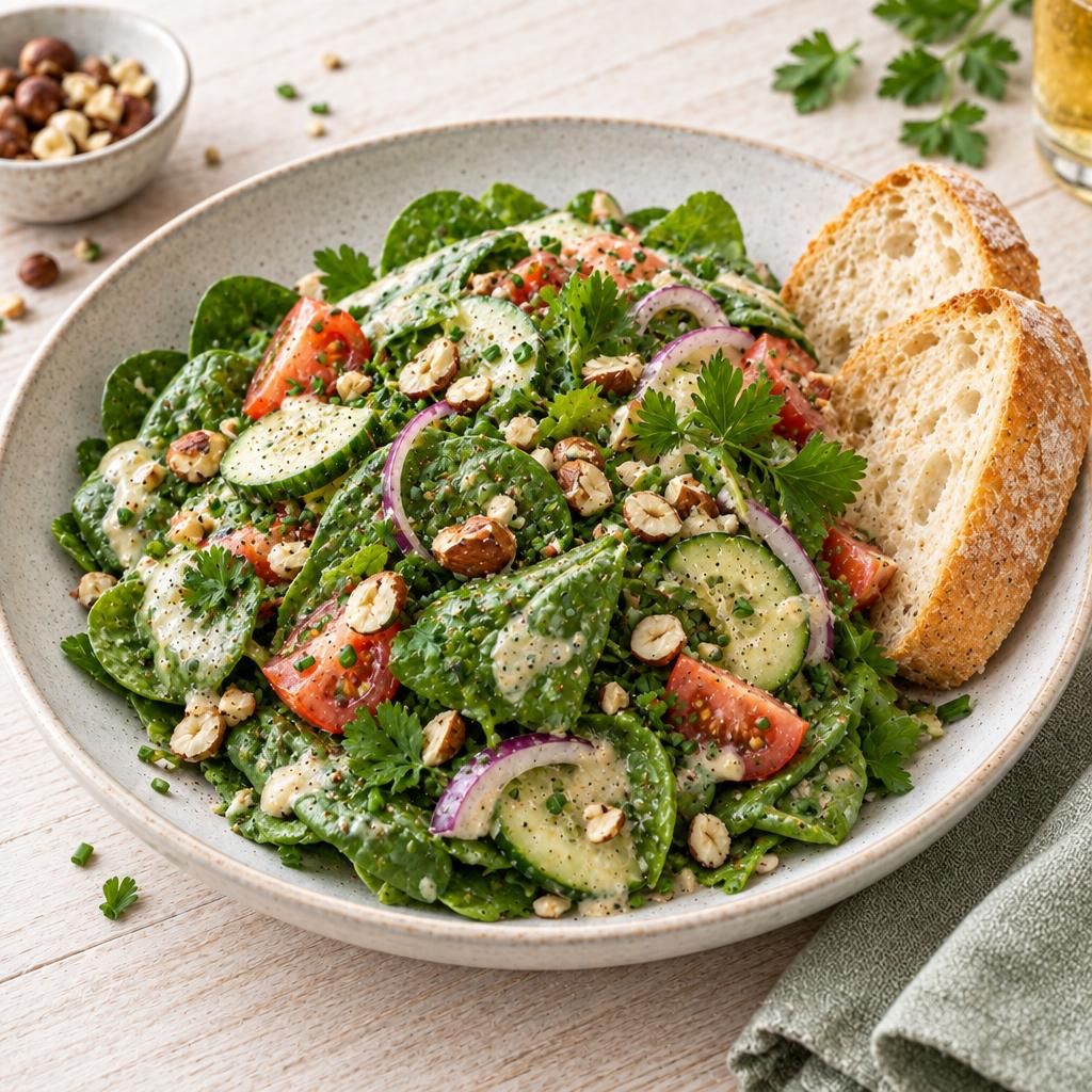 Spinatsalat mit Bierdressing und Baguette