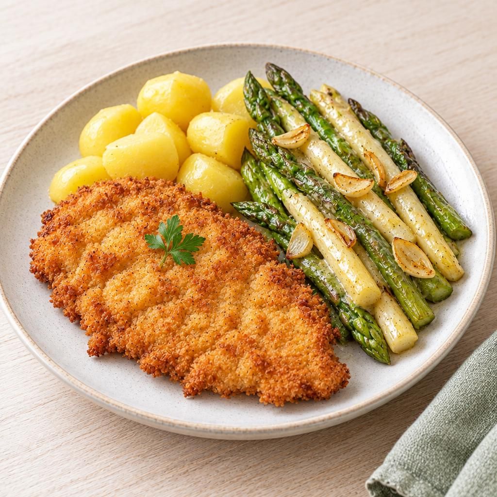 Kalbsschnitzel an Ofenspargel mit Salzkartoffeln