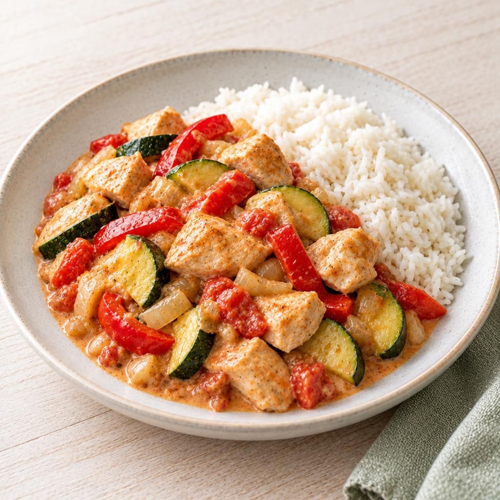 Hähnchen mit Zucchini und Paprika, dazu Reis