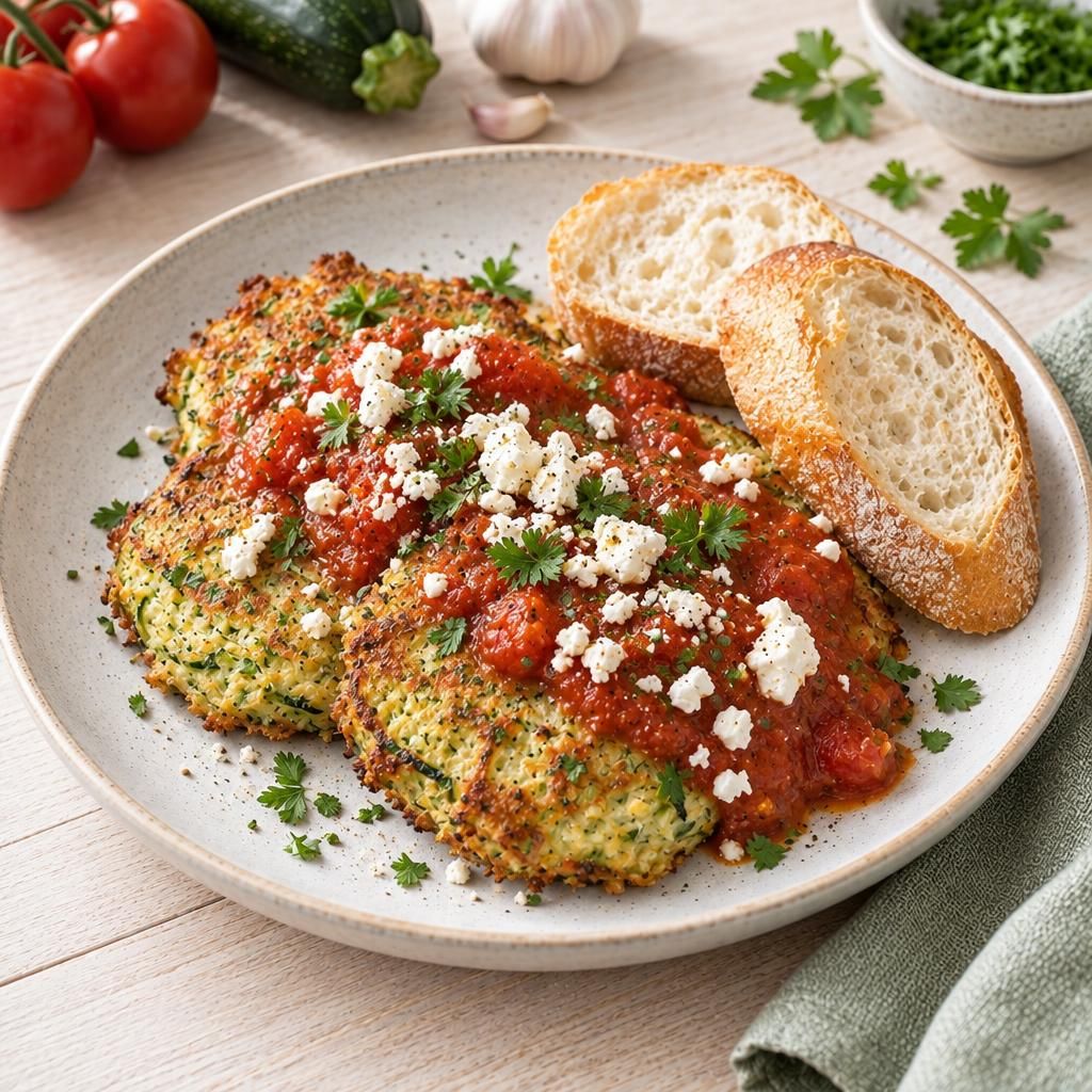 Zucchiniküchlein mit Tomatensauce und Baguette