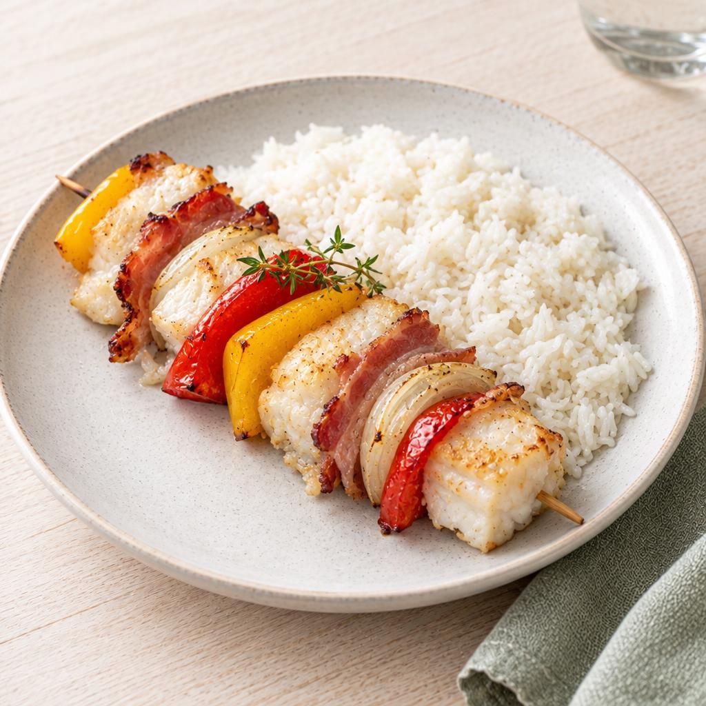 Kabeljaufilet-Spieß mit Reis