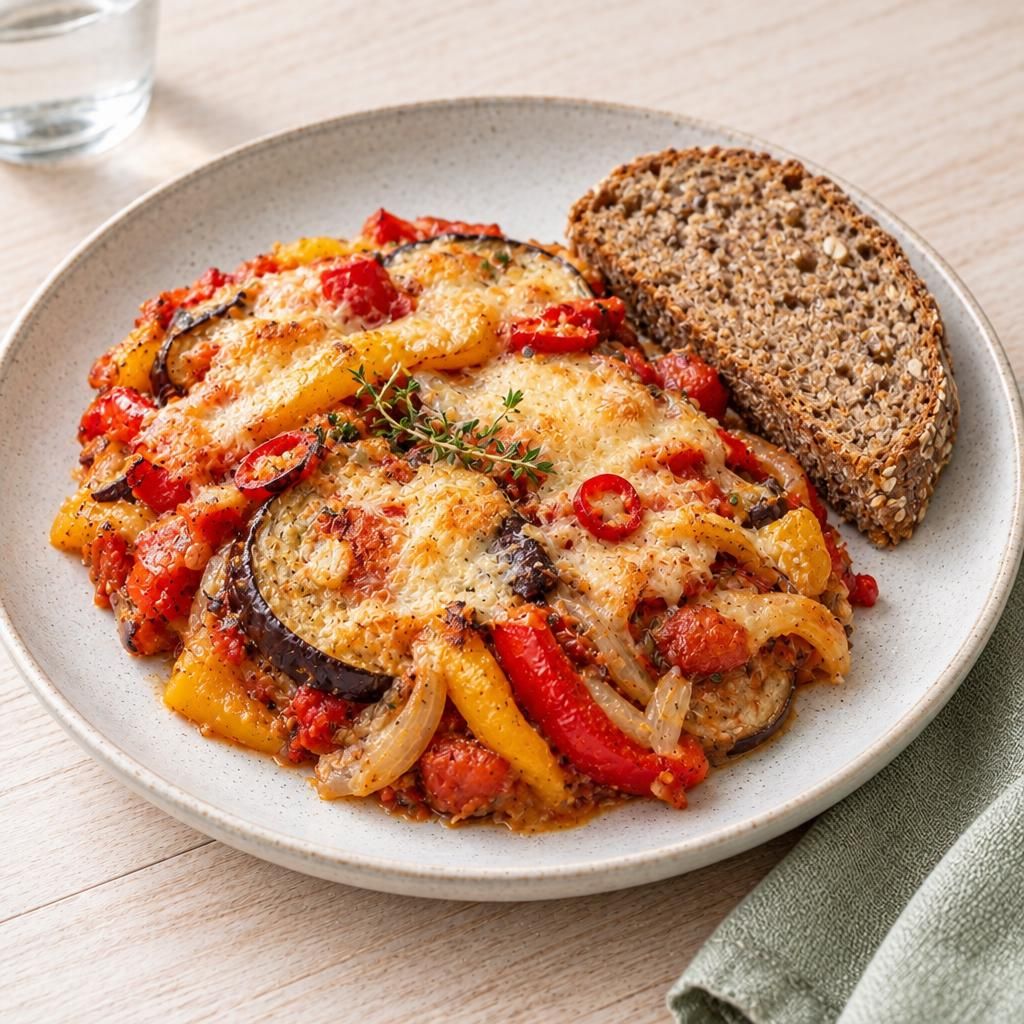 Auberginen-Paprika-Auflauf mit Vollkornbrot