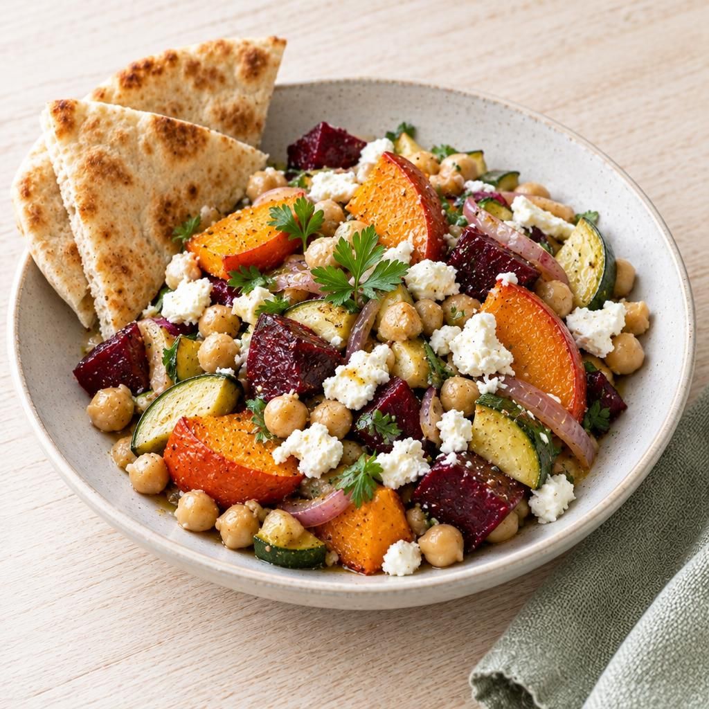 Kichererbsensalat mit Feta und Fladenbrot