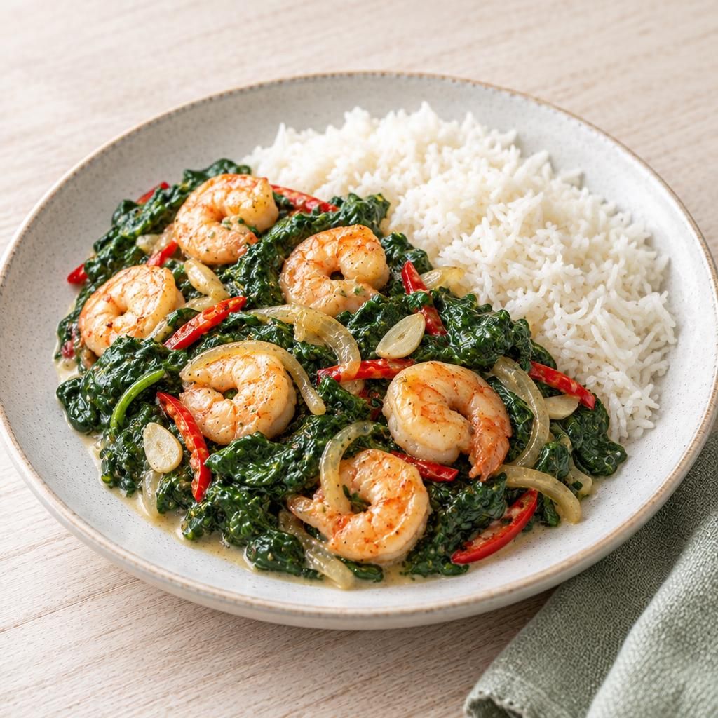 Scampi auf Blattspinat mit Reis