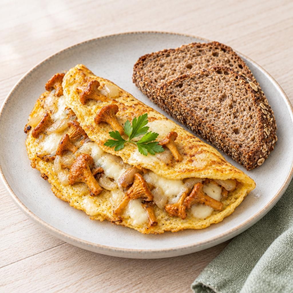 Käse-Pfifferling-Omelette mit Vollkornbrot