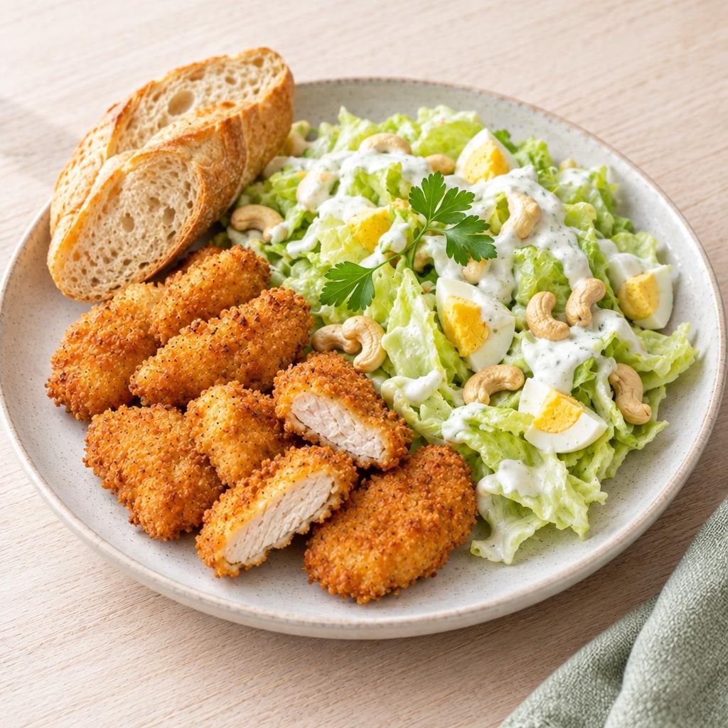 Salat mit Hähnchen-Nuggets und Baguette