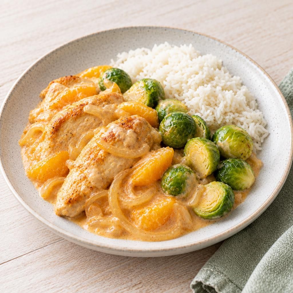 Hähnchen in Orangensahne mit Reis