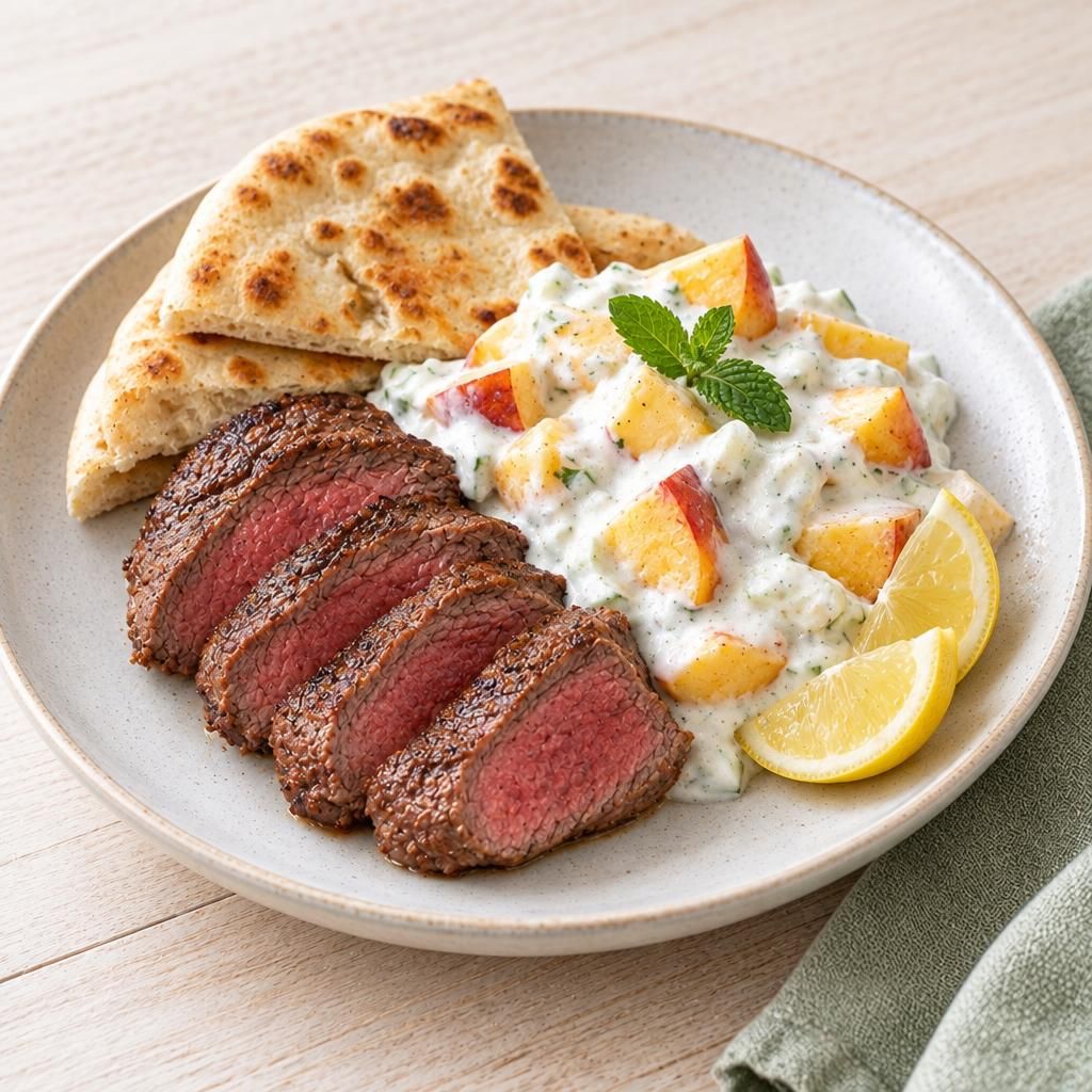 Filet mit Pfirsich-Raita und Fladenbrot