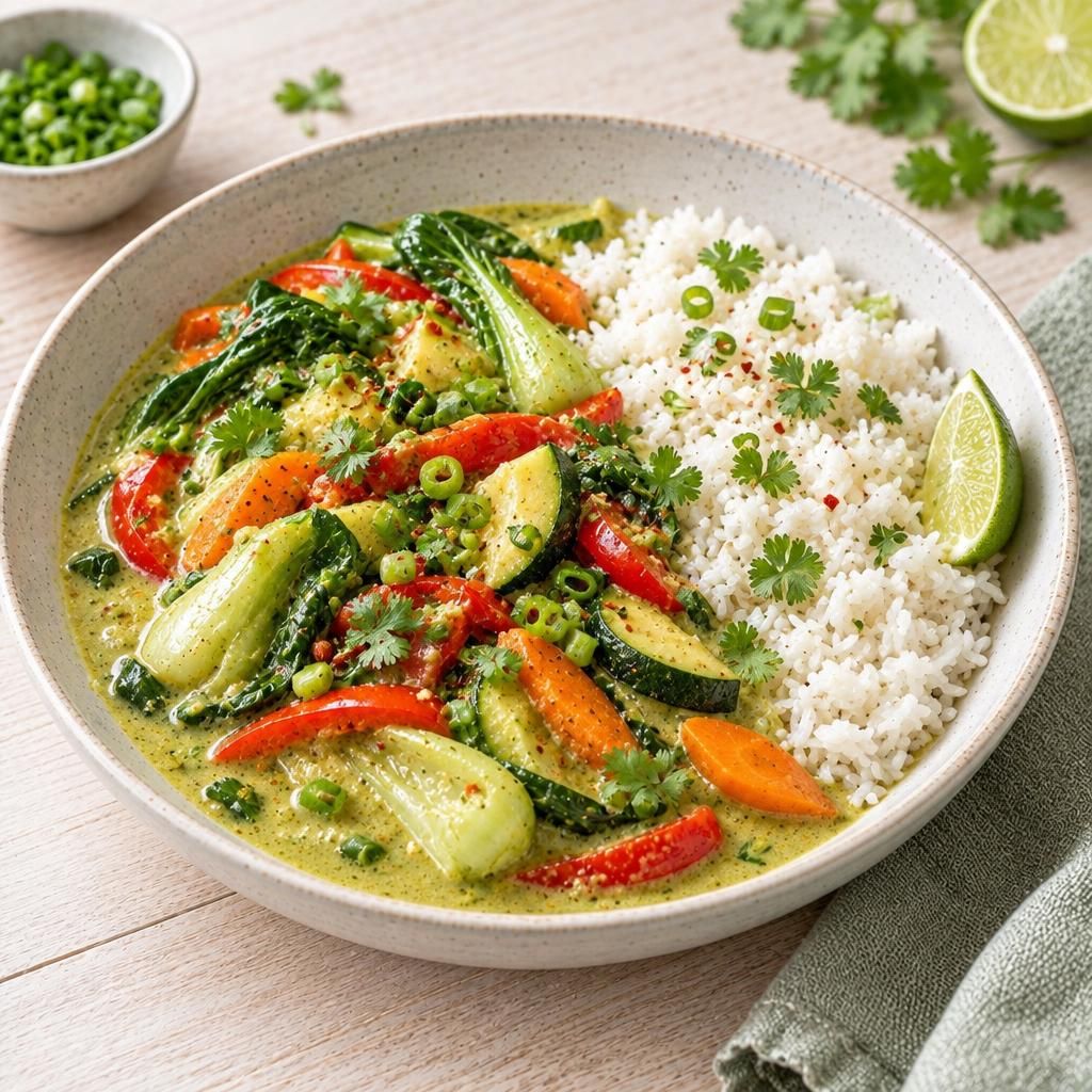 Vegetarisches grünes Thai Curry mit Reis
