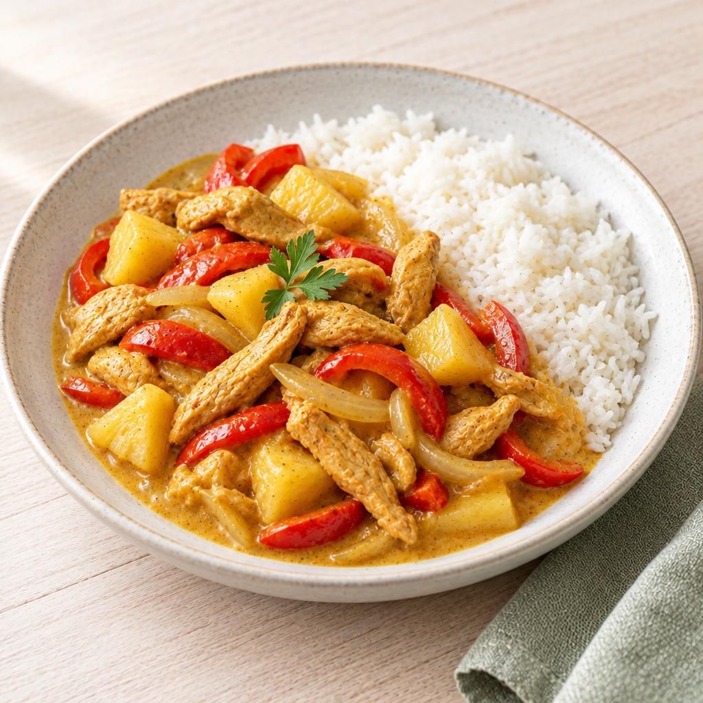 Veggie-Curry-Geschnetzeltes mit Ananas und Reis
