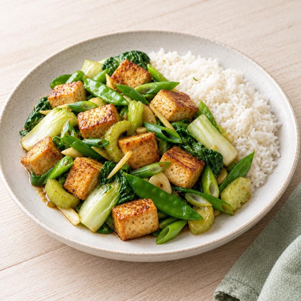 Gebratener Tofu mit Wokgemüse und Reis