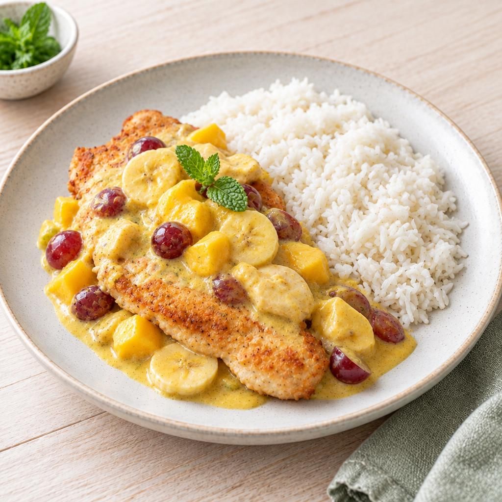 Putenschnitzel mit Bananen-Currysauce und Reis