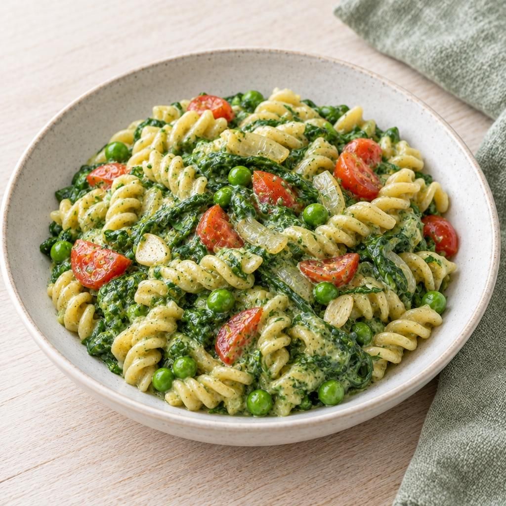 Erbsen-Fusilli in Spinatsoße
