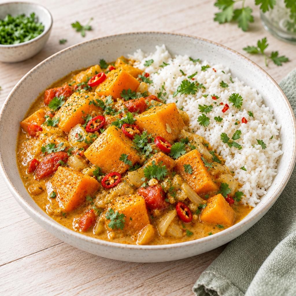 Veganes Butternutkürbis-Curry mit Reis