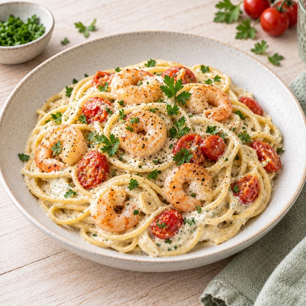 Spaghetti mit Frischkäsesauce und Garnelen