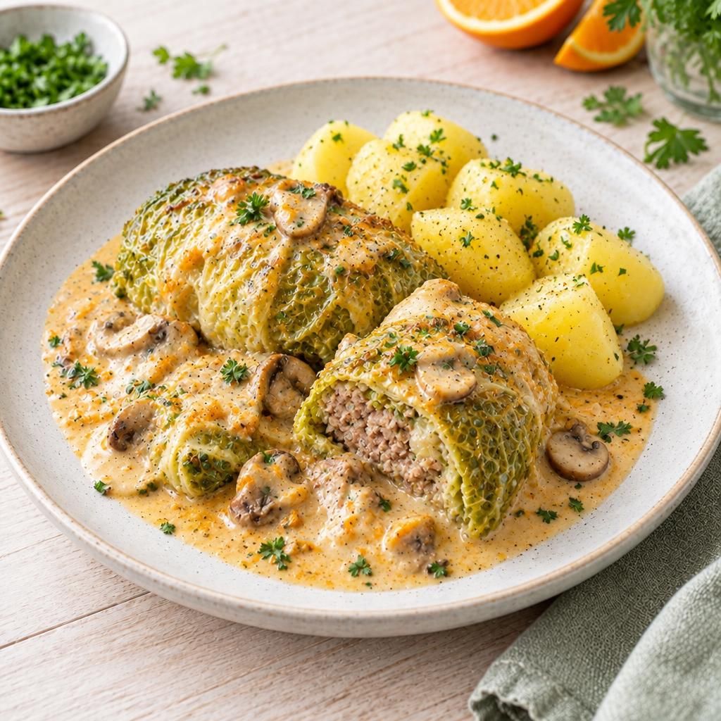 Wirsingwickel mit Sahne-Orangen-Sauce und Salzkartoffeln