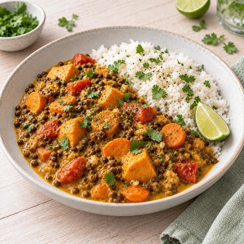 Veganes Belugalinsen-Curry mit Reis