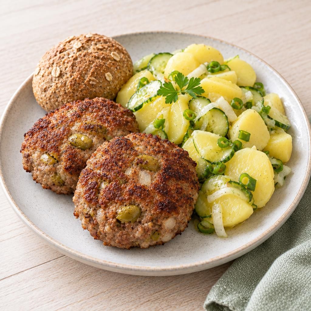 Frikadellen mit Oliven und Kartoffelsalat