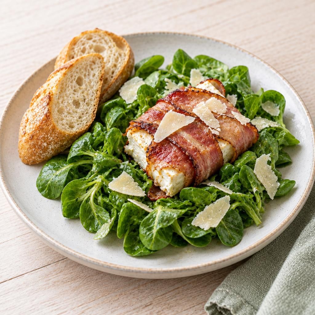 Schafskäse in Speck auf Feldsalat mit Baguette