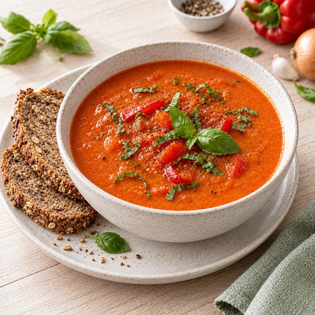 Tomaten-Paprika-Suppe mit Vollkornbrot