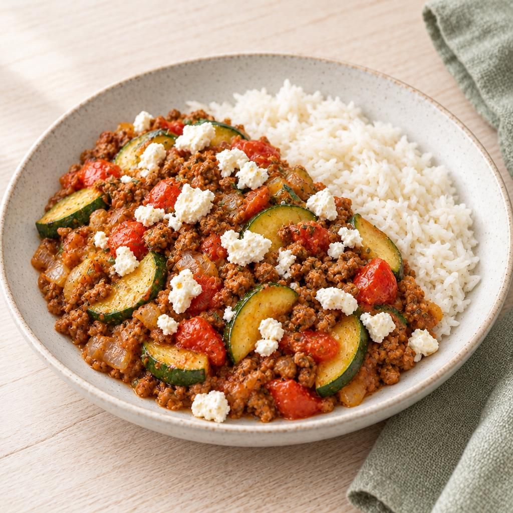 Zucchini-Pfanne mit Veggie-Hack und Reis