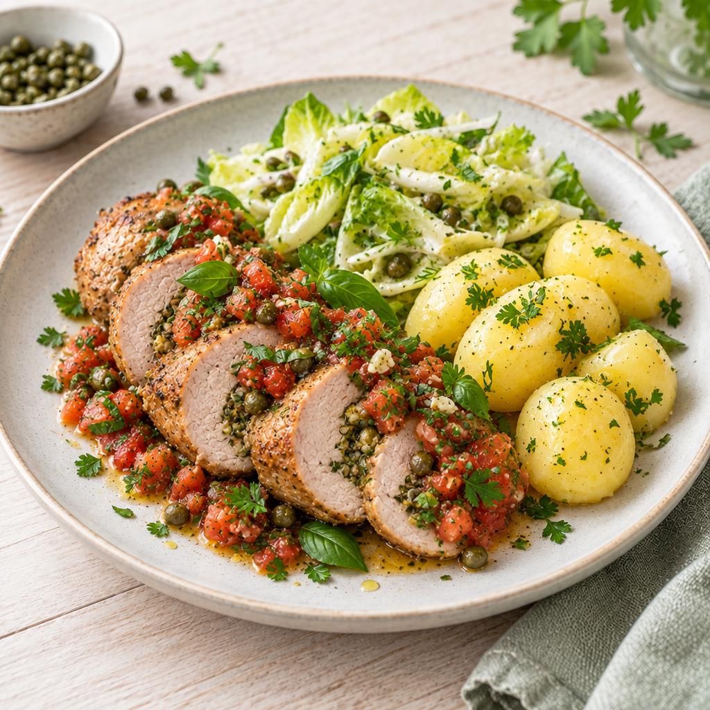 Schweinefiletrolle mit Salsa und Salzkartoffeln
