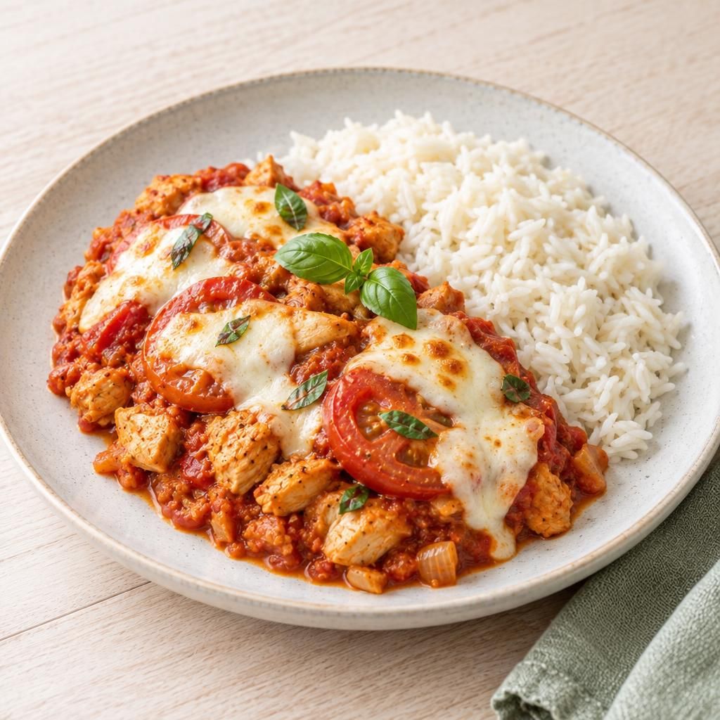 Veggie-Hähnchen Tomate-Mozzarella mit Reis