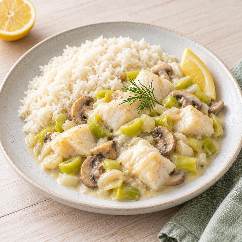 Kabeljau-Ragout mit Reis